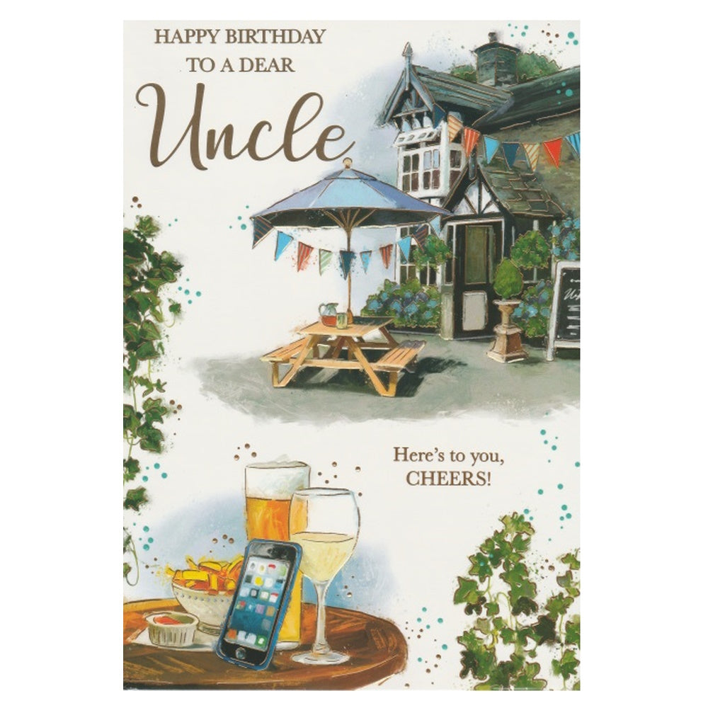 This uncle birthday card has an illustration of a pub garden scene, paired with a message. Gold foil detail.