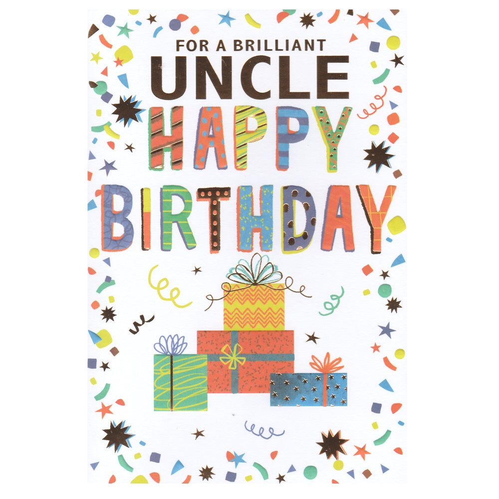 Front of this card features an illustration of colourful wrapped presents with the text 'For a brilliant Uncle Happy Birthday'.