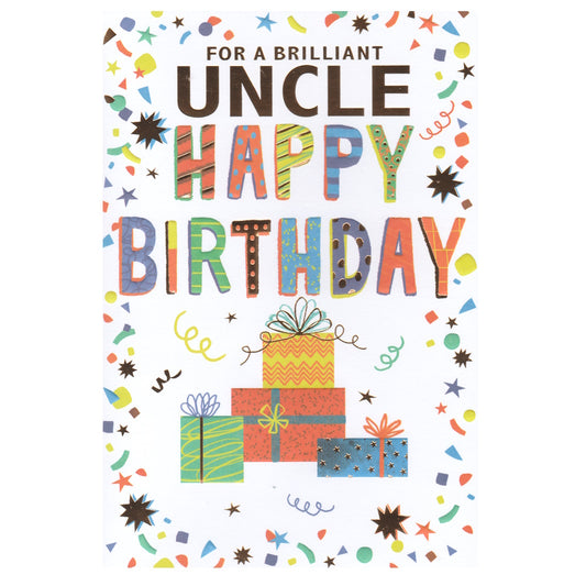 Front of this card features an illustration of colourful wrapped presents with the text 'For a brilliant Uncle Happy Birthday'.