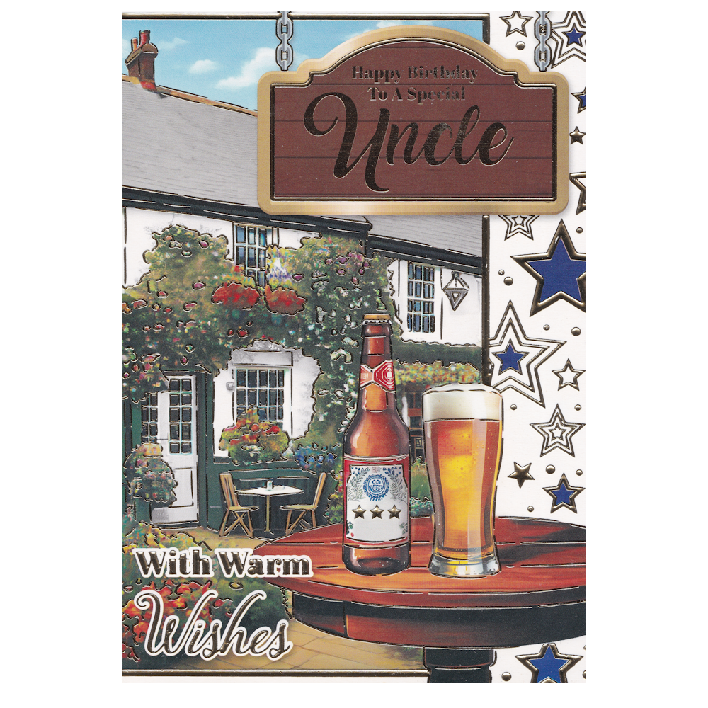 This uncle birthday card has an illustration of a country pub garden with a glass full of beer glass and a beer bottle on a round table, paired with a message. Gold foil detail.