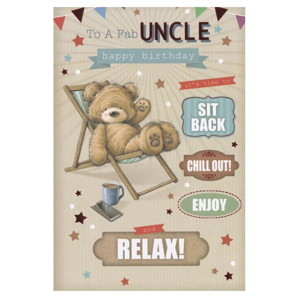 Front of this card features an illustration of a bear relaxing in a deckchair, paired with a message.