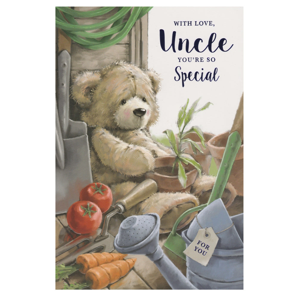 Front of this card features an illustration of a bear with a watering can, paired with a message.
