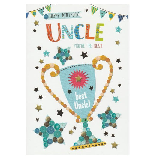 Front of this uncle birthday card features an illustration of a trophy with the text 'Best Uncle!', paired with a message.