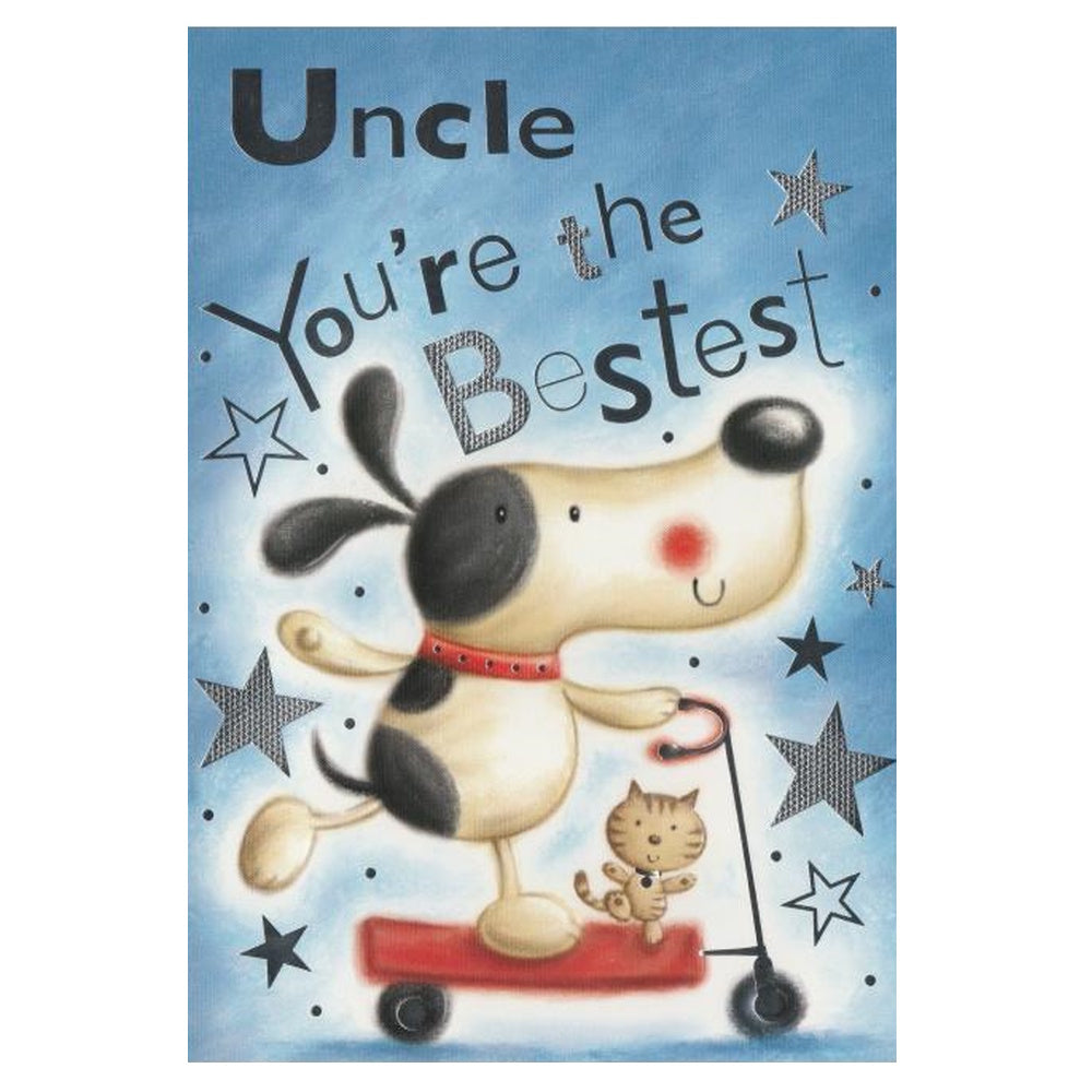 Front of this card features an illustration of a dog and cat on a red scooter, paired with a message.