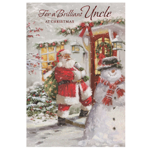 This uncle christmas card has an illustration of a front door decorated for Christmas with father Christmas and a snowman with the text 'For a Brilliant Uncle at Christmas'. Red foil detail.