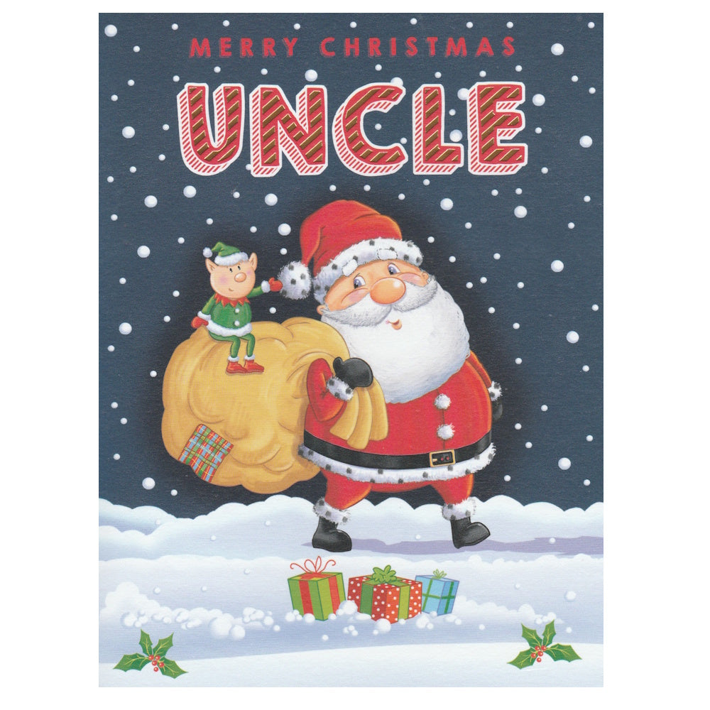 This uncle christmas card has an illustration of Father Christmas and his elf with the text 'MERRY CHRISTMAS UNCLE' on a snowy background.
