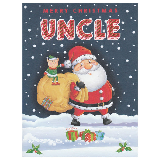 This uncle christmas card has an illustration of Father Christmas and his elf with the text 'MERRY CHRISTMAS UNCLE' on a snowy background.
