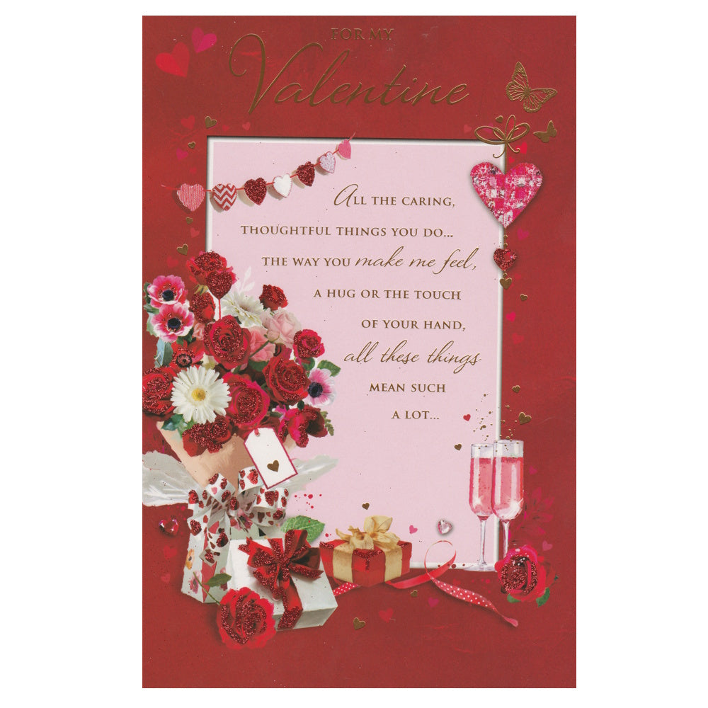 Front of this valentine's day card features an illustration of pink champagne flutes and flowers, paired with a message.