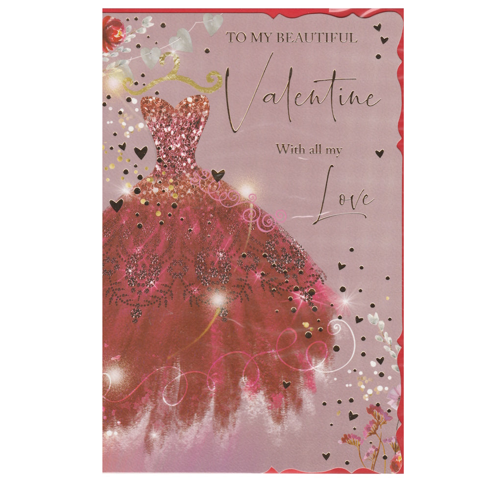 Front of this valentine's day card features an illustration of a red ball gown with hearts and dots, and the text 'To my beautiful Valentine With all my Love'.