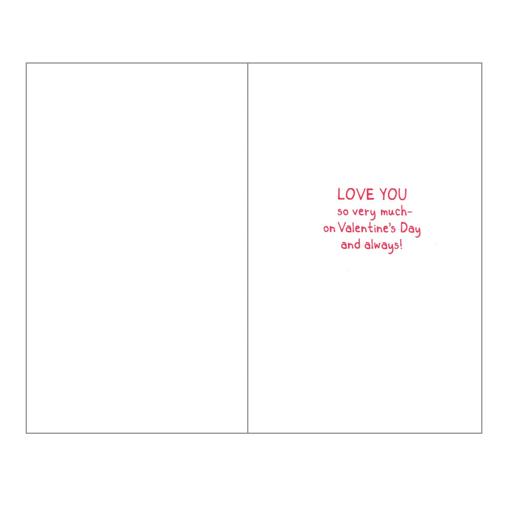 Front of this valentine's day card features  an illustration of a bear holding a heart with the text 'On Valentine's Day My heart is full of LOVE for you!' surrounded by small red hearts.