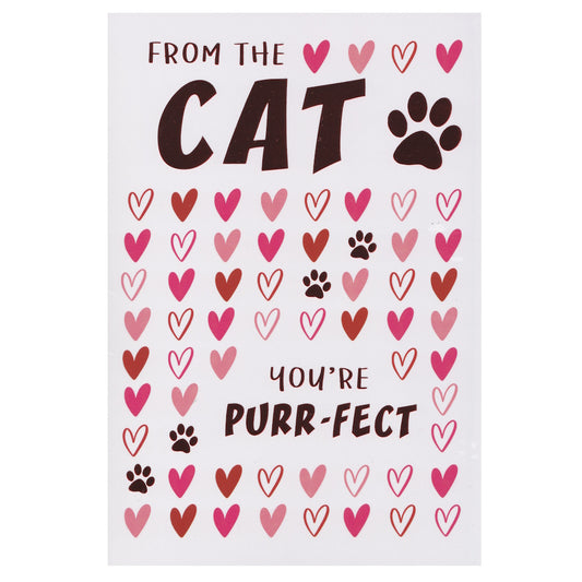 Front of this valentine's day card features the text 'FROM THE CAT' written at the top, surrounded by heart and paw print designs, and the message 'YOU'RE PURR-FECT' at the bottom.