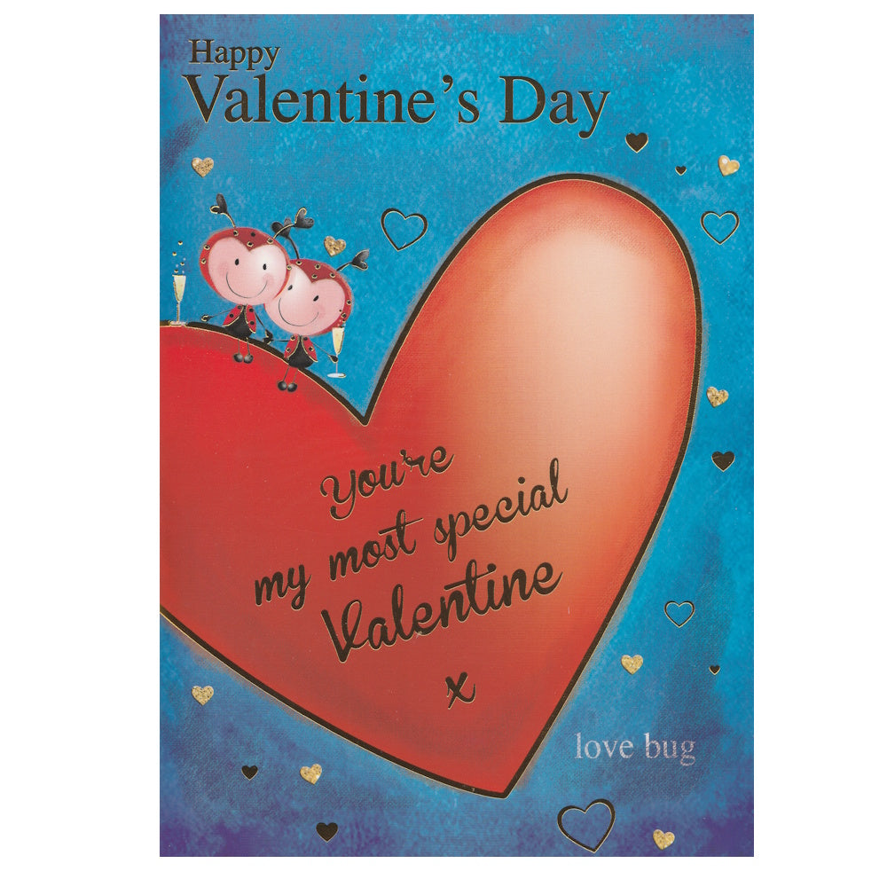 Front of this valentine's day card features an illustration of love bugs holding champagne glasses, with the text 'Happy Valentine's Day' and 'You're my most special Valentine, love bug'.
