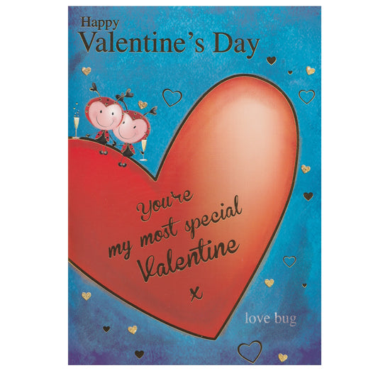 Front of this valentine's day card features an illustration of love bugs holding champagne glasses, with the text 'Happy Valentine's Day' and 'You're my most special Valentine, love bug'.
