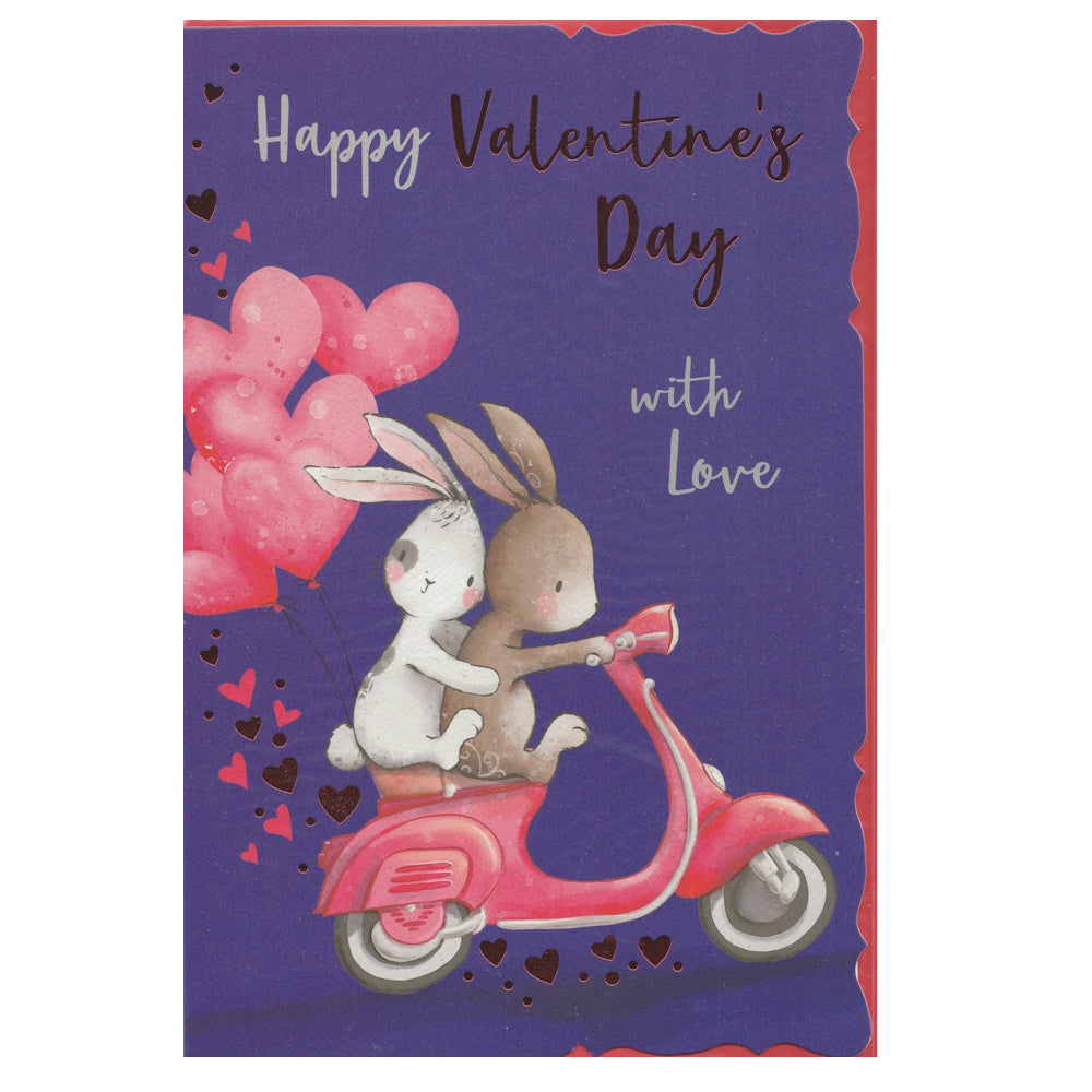 Front of this valentine's day card features an illustration of two rabbits riding a scooter, surrounded by love hearts, paired with a message.