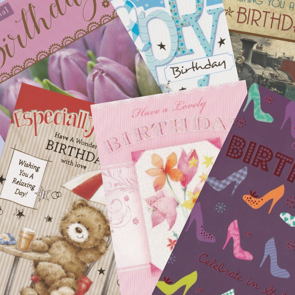 A selection of greeting cards with different designs and various messages. Affordable birthday and greeting cards for him and for her.