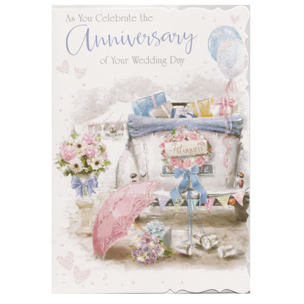 Front of this card features an illustration of a motorcar filled with presents with a just married sign on the back, paired with a message.