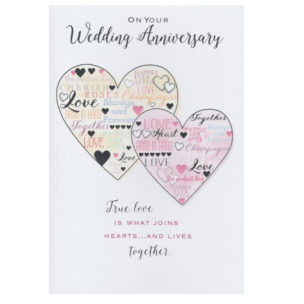 Front of this card features an illustration of two hearts filled with words of love, paired with a message.