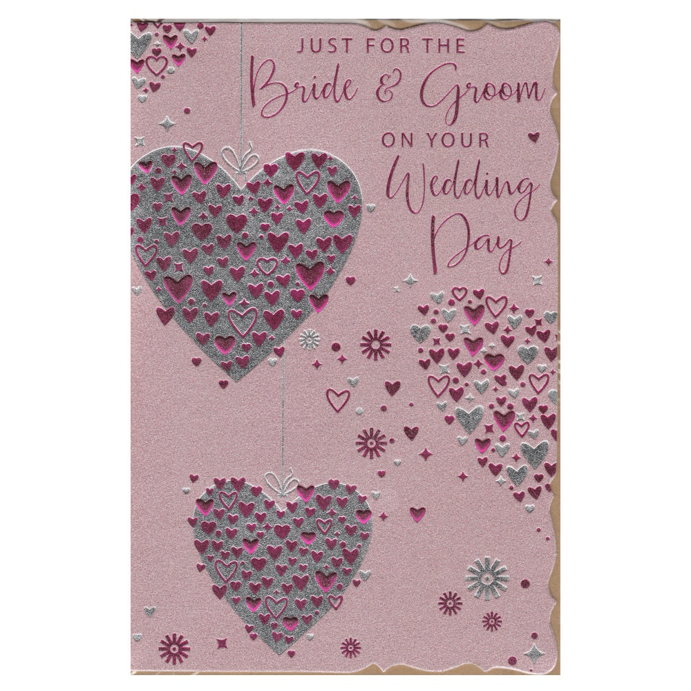 This wedding day card has an illustration of two silver hearts filled with purple hearts on a pink background, paired with a message. Purple and silver foil detail.