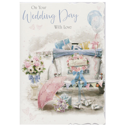 Front of this card features an illustration of a decorated motorcar with flowers and a 'Just Married' sign, paired with a message., paired with a message.