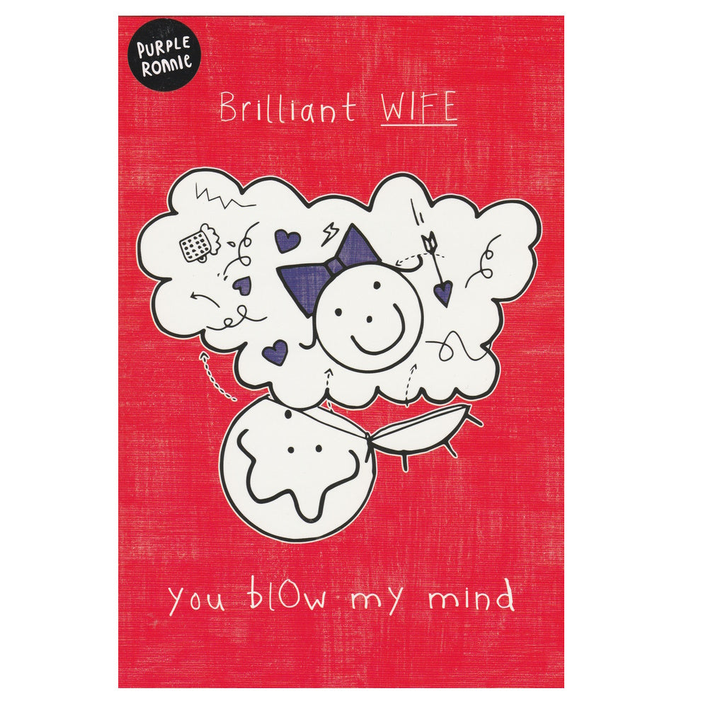 Front of this wife birthday card features an image of a smiley face thinking about their wife, paired with a message.