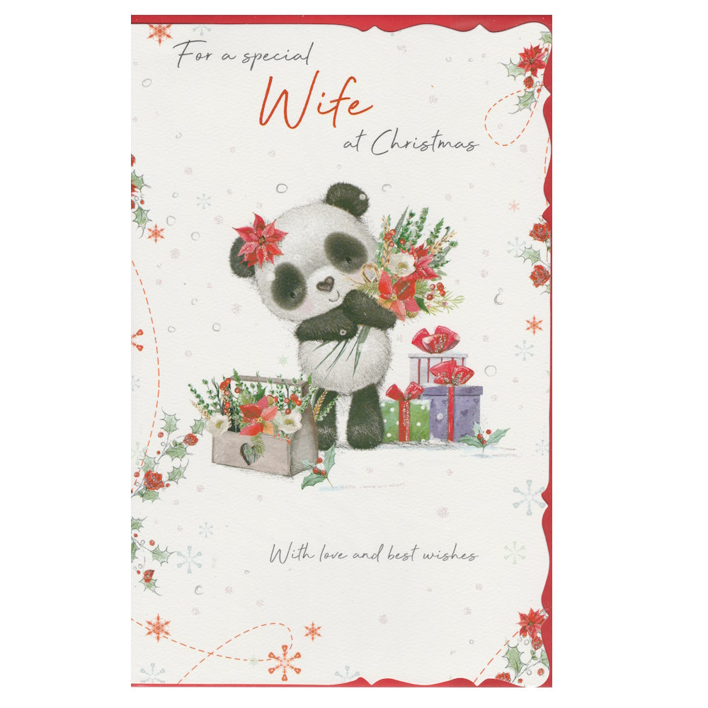 This wife christmas card has an illustration of a panda bear holding a poinsettia flower bouquet, in a snowy scene with the text 'For a special Wife at Christmas' 'With love and best wishes'. Glitter detail.