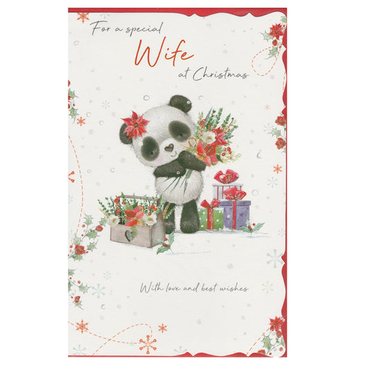 This wife christmas card has an illustration of a panda bear holding a poinsettia flower bouquet, in a snowy scene with the text 'For a special Wife at Christmas' 'With love and best wishes'. Glitter detail.