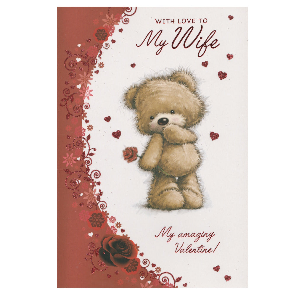 This wife valentine's day card has an illustration of a teddy bear surrounded by hearts and swirls, paired with a message. Red foil detail.