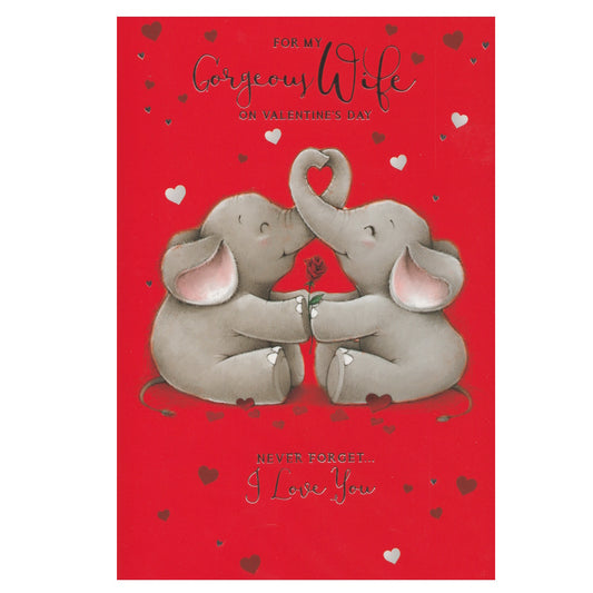 This wife valentine's day card has an illustration of two elephants with trunks entwined in the shape of a heart, paired with a message on a red background. Silver foil detail.