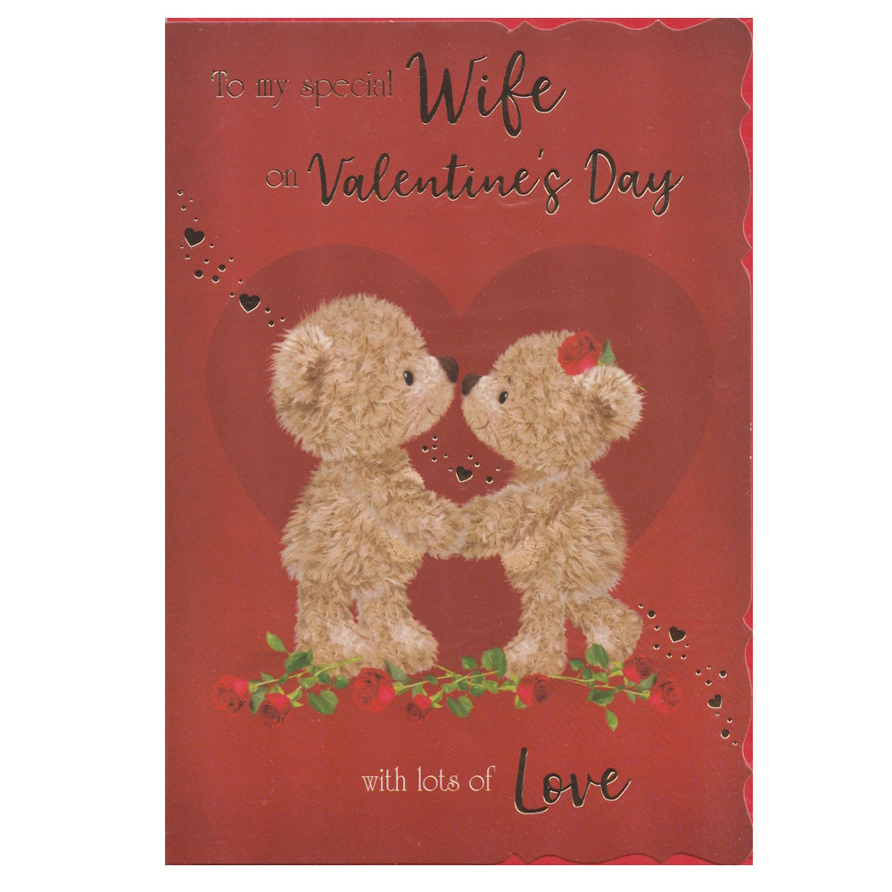 This wife valentine's day card has an illustration of two teddy bears standing on a line of roses with the text 'To my special Wife on Valentine's Day with lots of Love'. Gold foil detail.