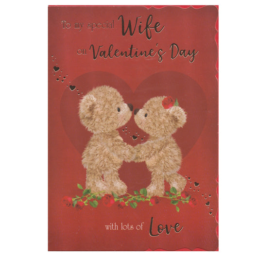 This wife valentine's day card has an illustration of two teddy bears standing on a line of roses with the text 'To my special Wife on Valentine's Day with lots of Love'. Gold foil detail.