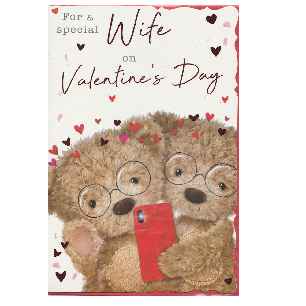 This wife valentine's day card has an an illustration of two teddy bears wearing spectacles, surrounded by love hearts with the text 'For a special Wife on Valentine's Day'. Red foil detail.