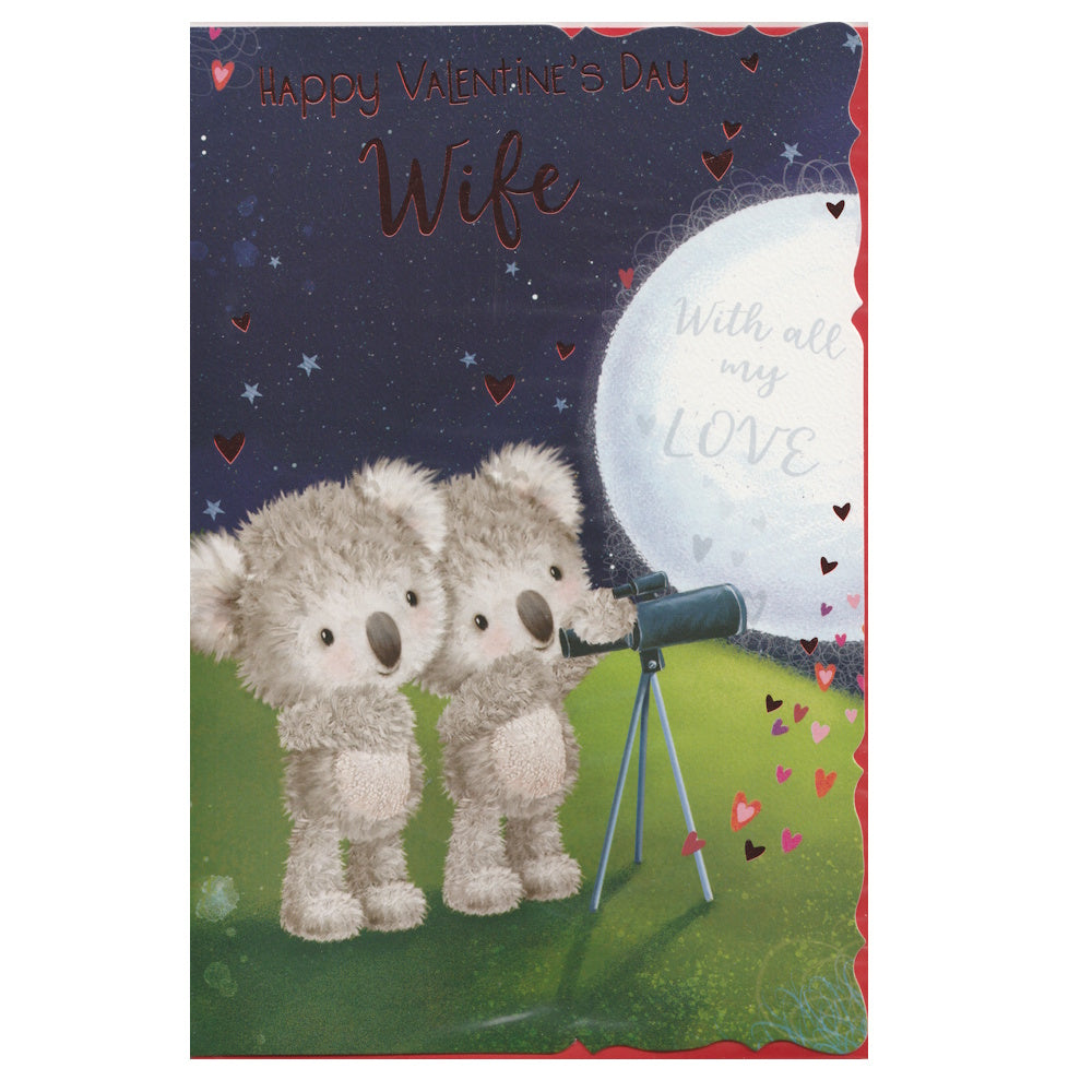 This wife valentine's day card has an illustration of two koalas peeping through a telescope at the moon with the text 'Happy Valentine's Day Wife' 'With all my LOVE. Red foil detail.