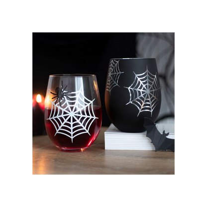 Set of 2 Spider and Web Stemless Wine Glasses